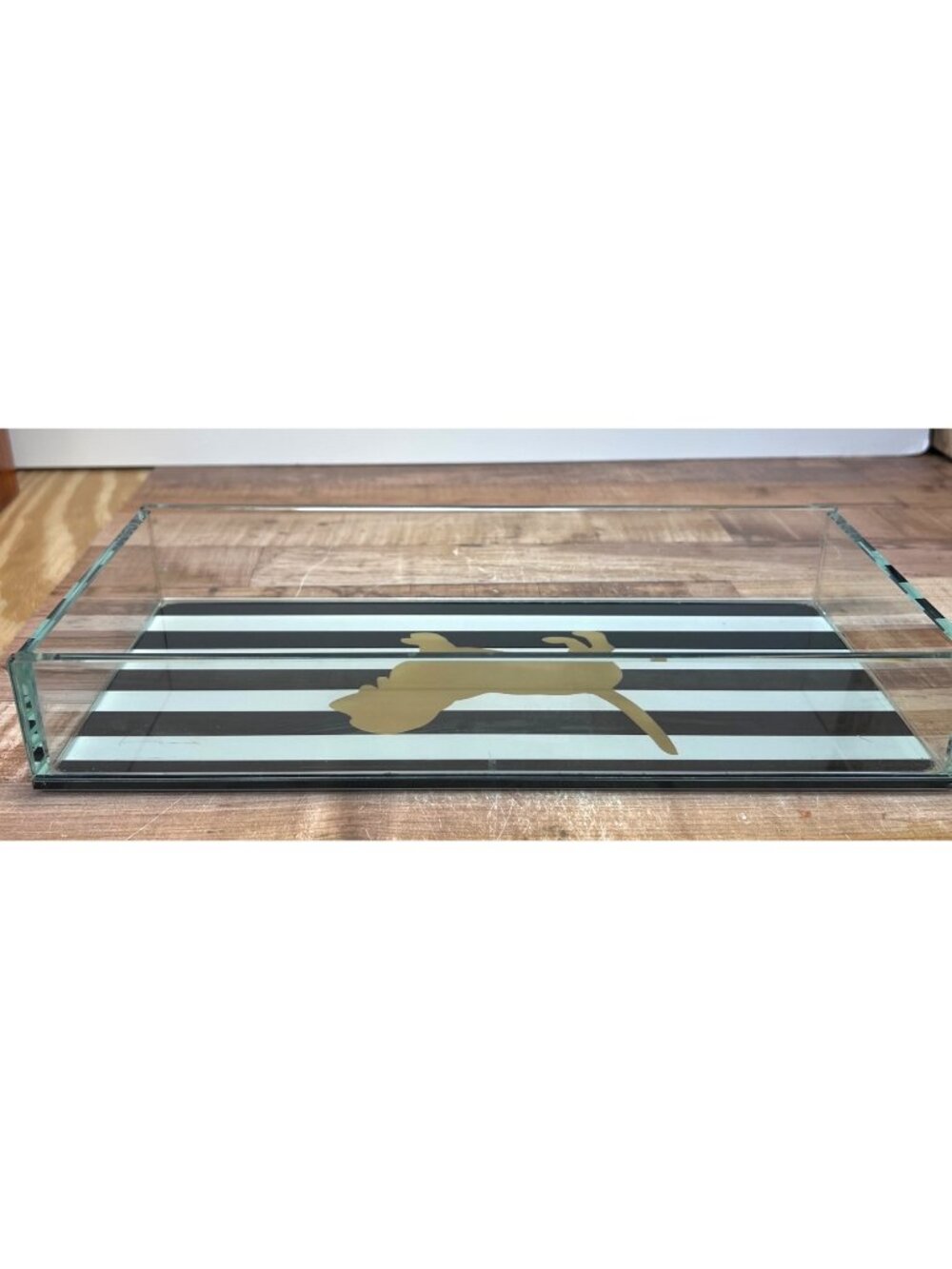 Gold Dog Silhouette Glass Tray Black & White Stripe Decorative Storage Organizer - Picture 4 of 6
